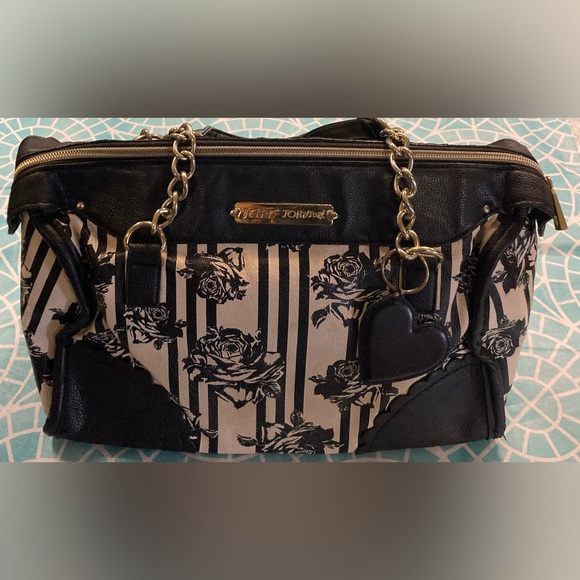 Betsey Johnson Handbags - Betsey Johnson crème and black stripes and roses purse.